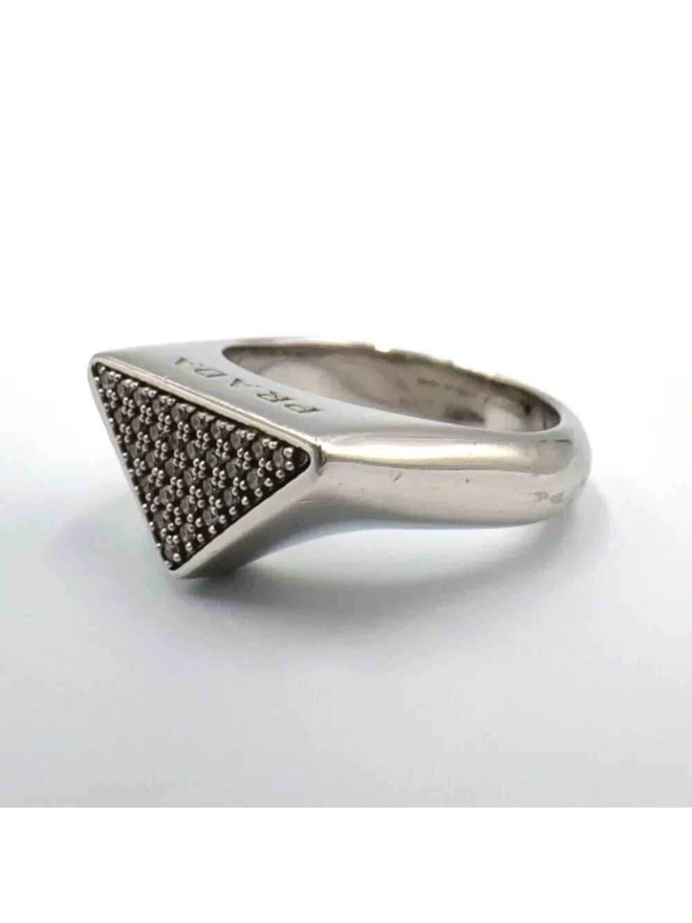 Prada Triangle Logo Pavestone Rhinestone 925 Sterling Silver Clear Ring